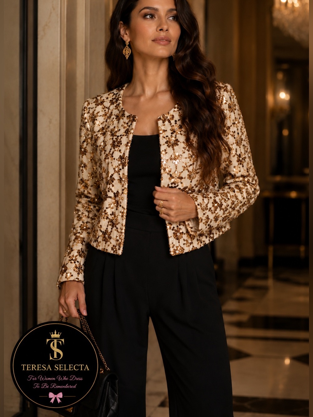 NWT Adore Gold Ivory Sequin Cropped Jacket Open Front Party Blazer Large